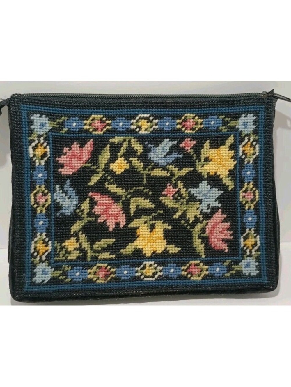 Lillian Vernon - 1990 VTG - Wool Needlepoint Velvet Clutch Purse Cosmetic Bag